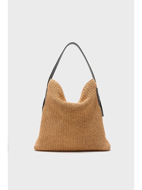 BTB LOS ANGELES Florent Raffia Hobo Bag in Tan Black Raffia Tote Handbag Purse - Picture 7 of 8